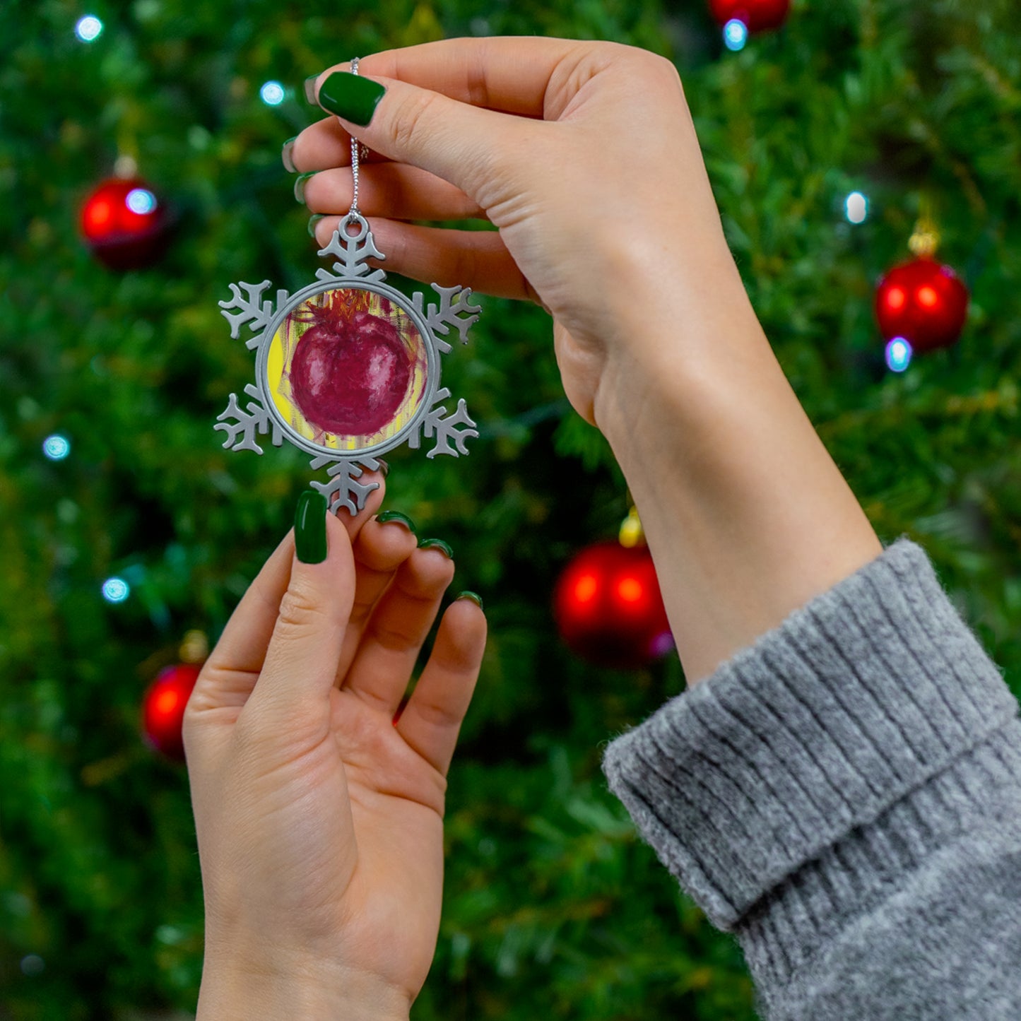 Yellow Pomegranate Pewter Snowflake Ornament