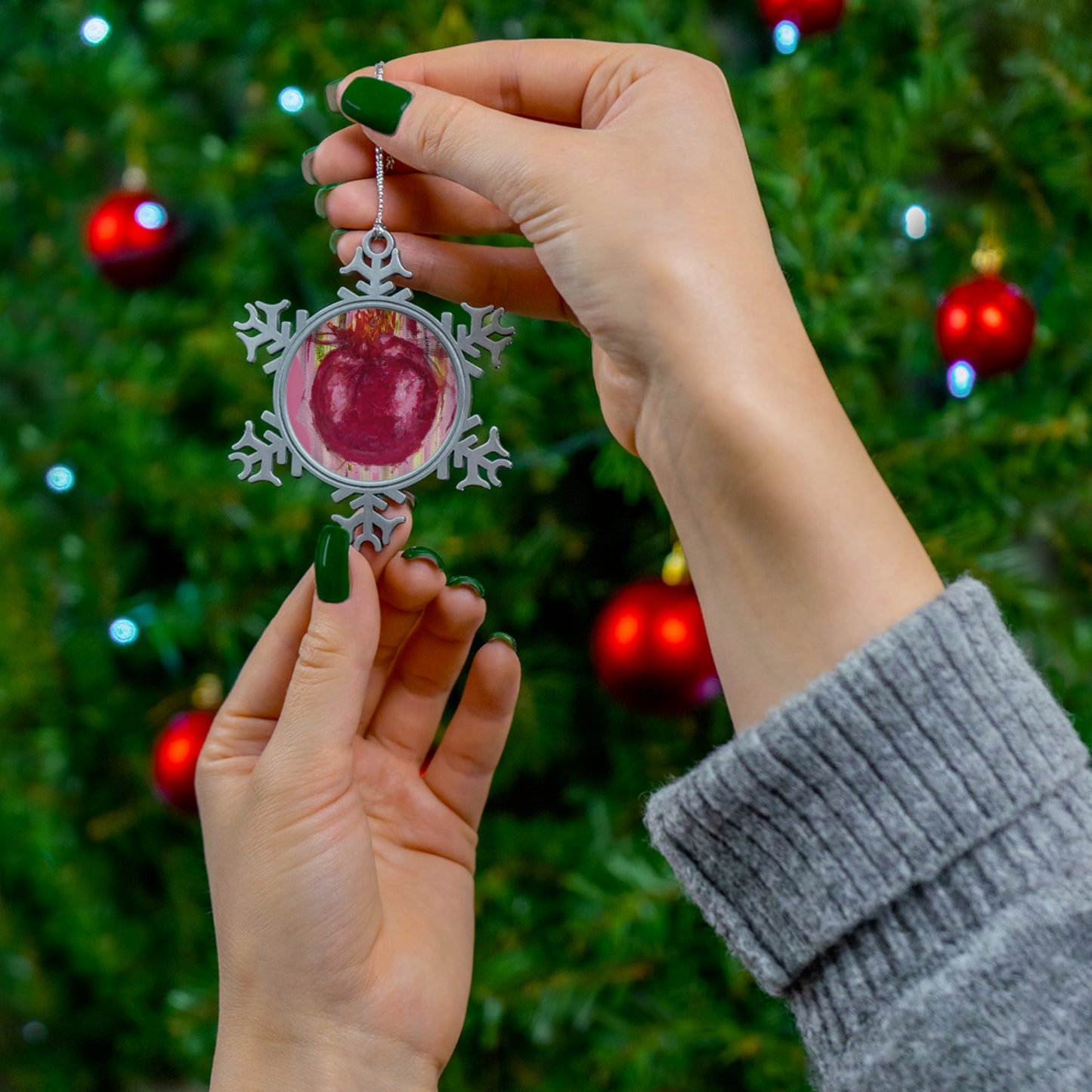 Pink Pomegranate Pewter Snowflake Ornament